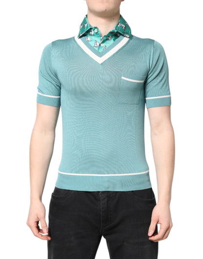 Green Printed Collared Short Sleeve T-shirt