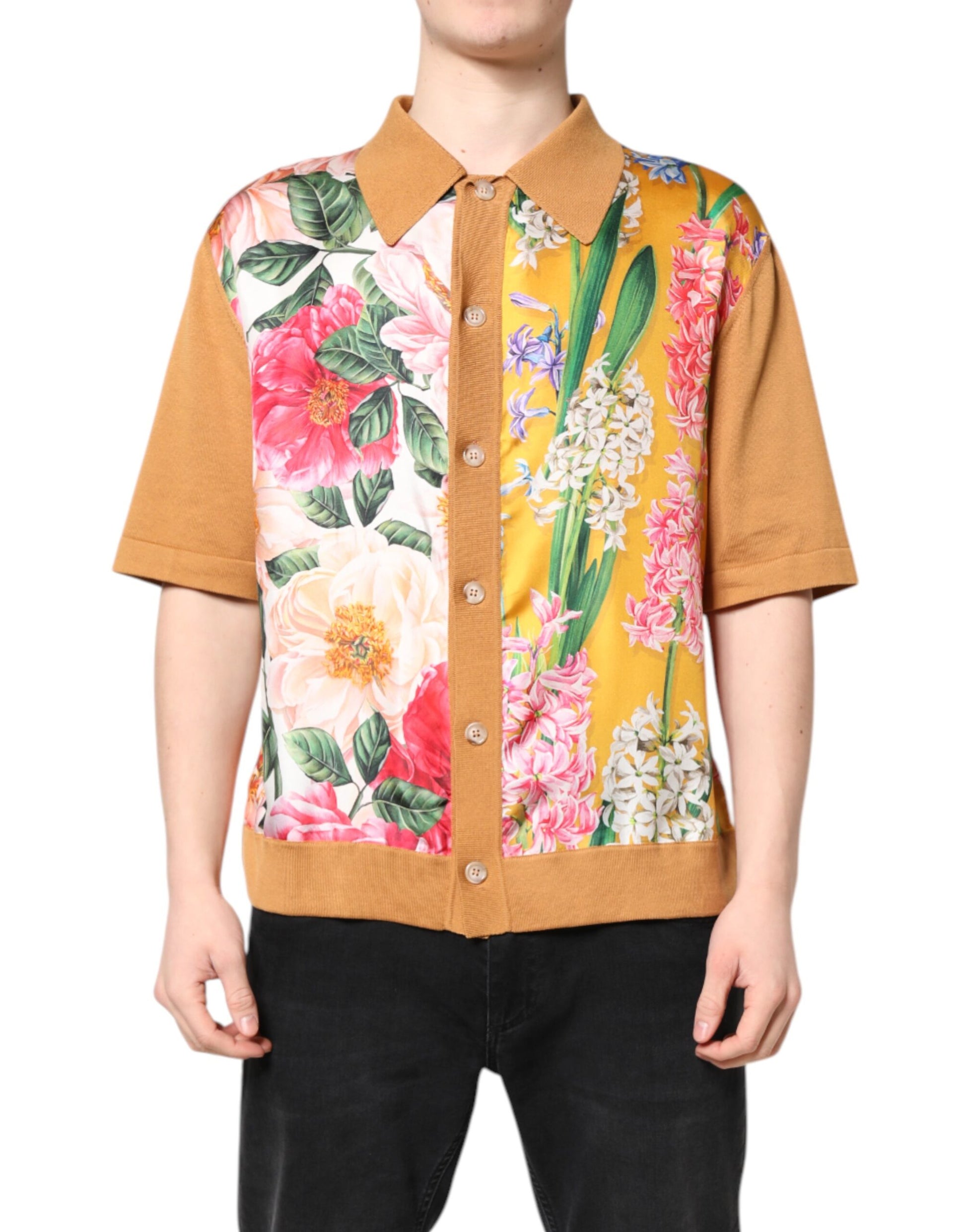 Brown Floral Collared Short Sleeve T-shirt