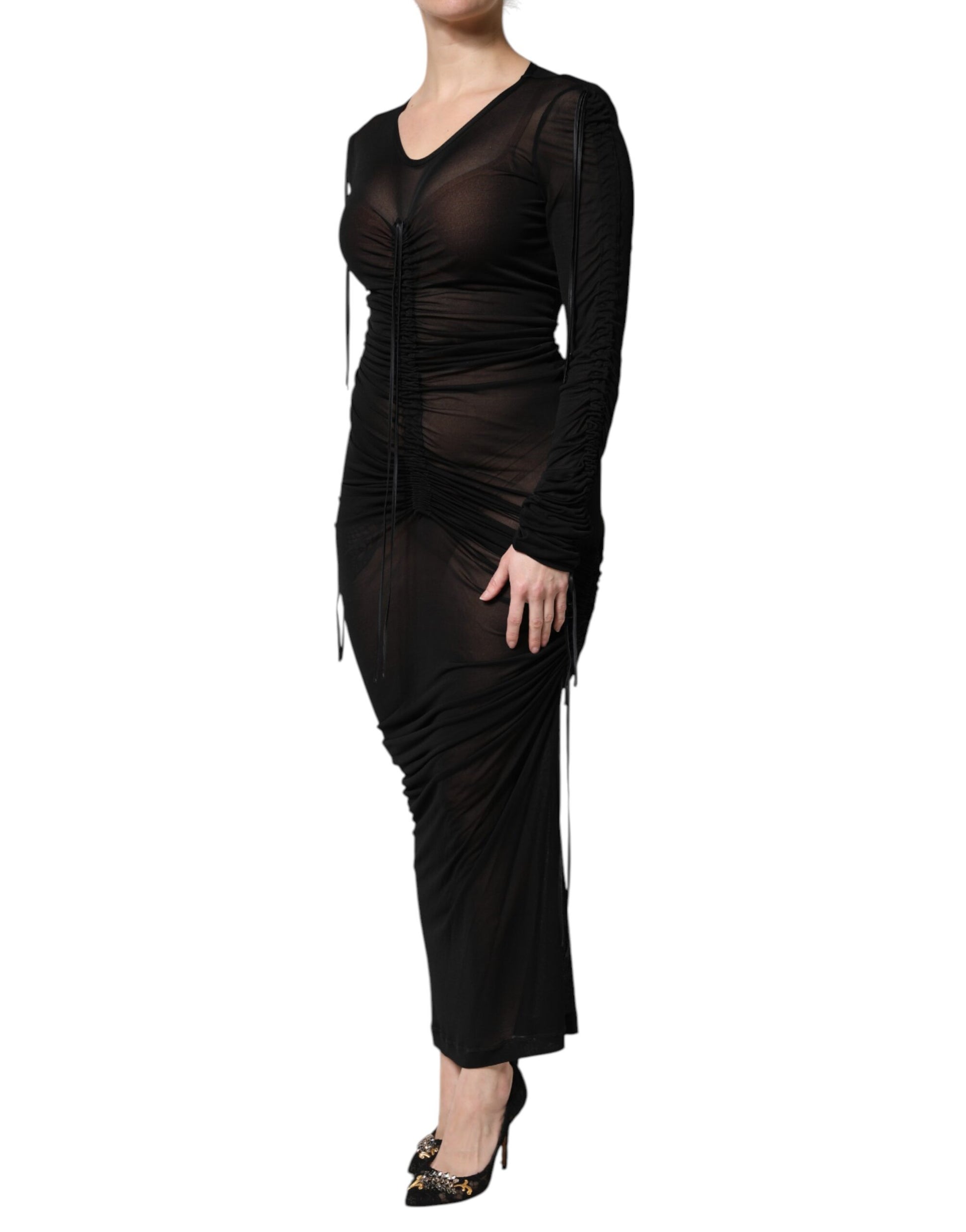 Black Mesh Trim Bodycon Long Sheath Dress