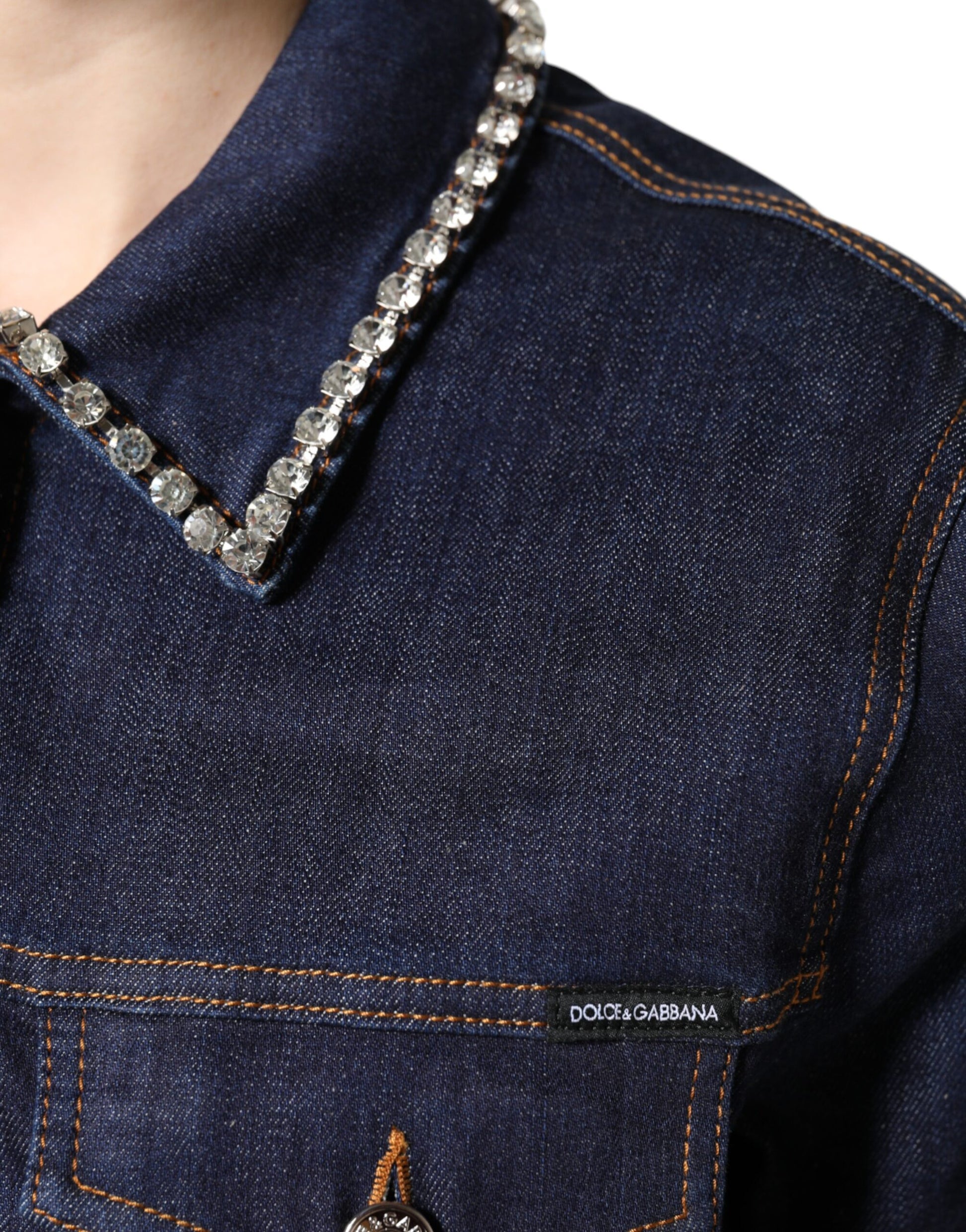 Blue Denim Cotton Crystal Embellished Jacket