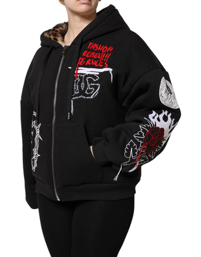 Black Embroidered Full Zip Hooded Jacket