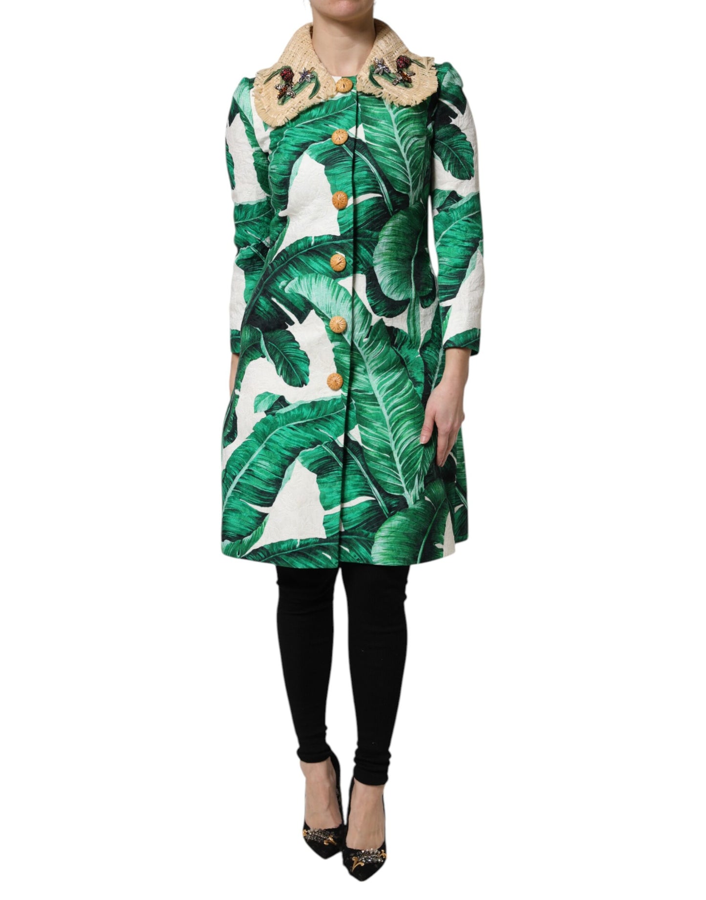 Multicolor Leaf Print Embellished Trenchcoat Jacket