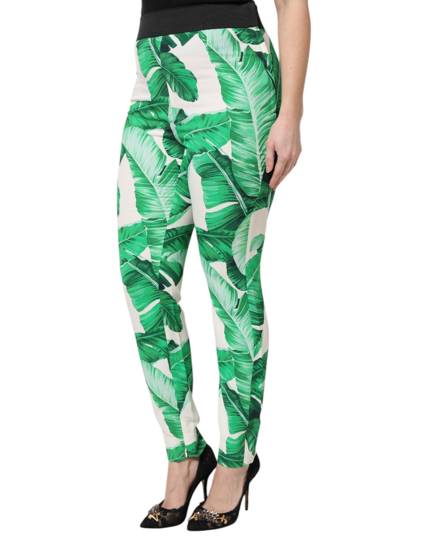 White Green Leaf High Waist Pants
