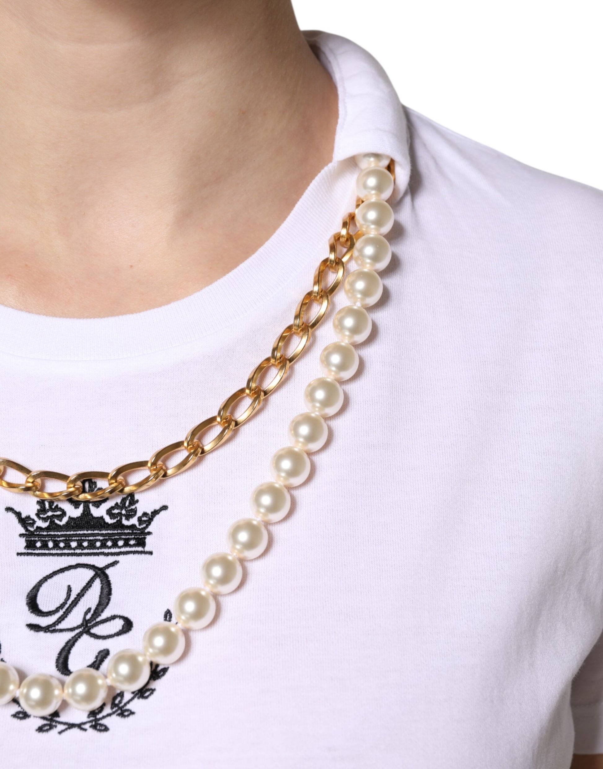 White Chain Pearl Cotton Round Neck T-shirt