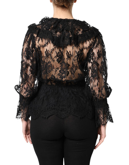 Black Cotton Floral Lace Women Blouse Top