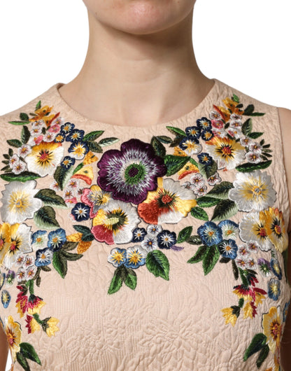 Beige Floral Embroidery Sleeveless Tank Top