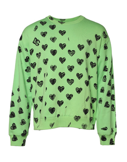 Green Heart Print Crew Neck Pullover Sweater