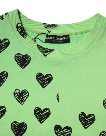 Green Heart Print Crew Neck Pullover Sweater