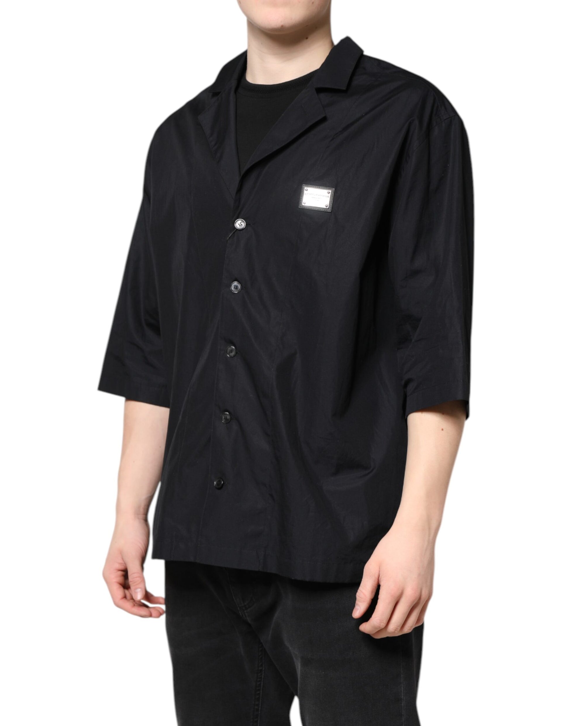 Black Short Sleeves Button Down Casual Shirt