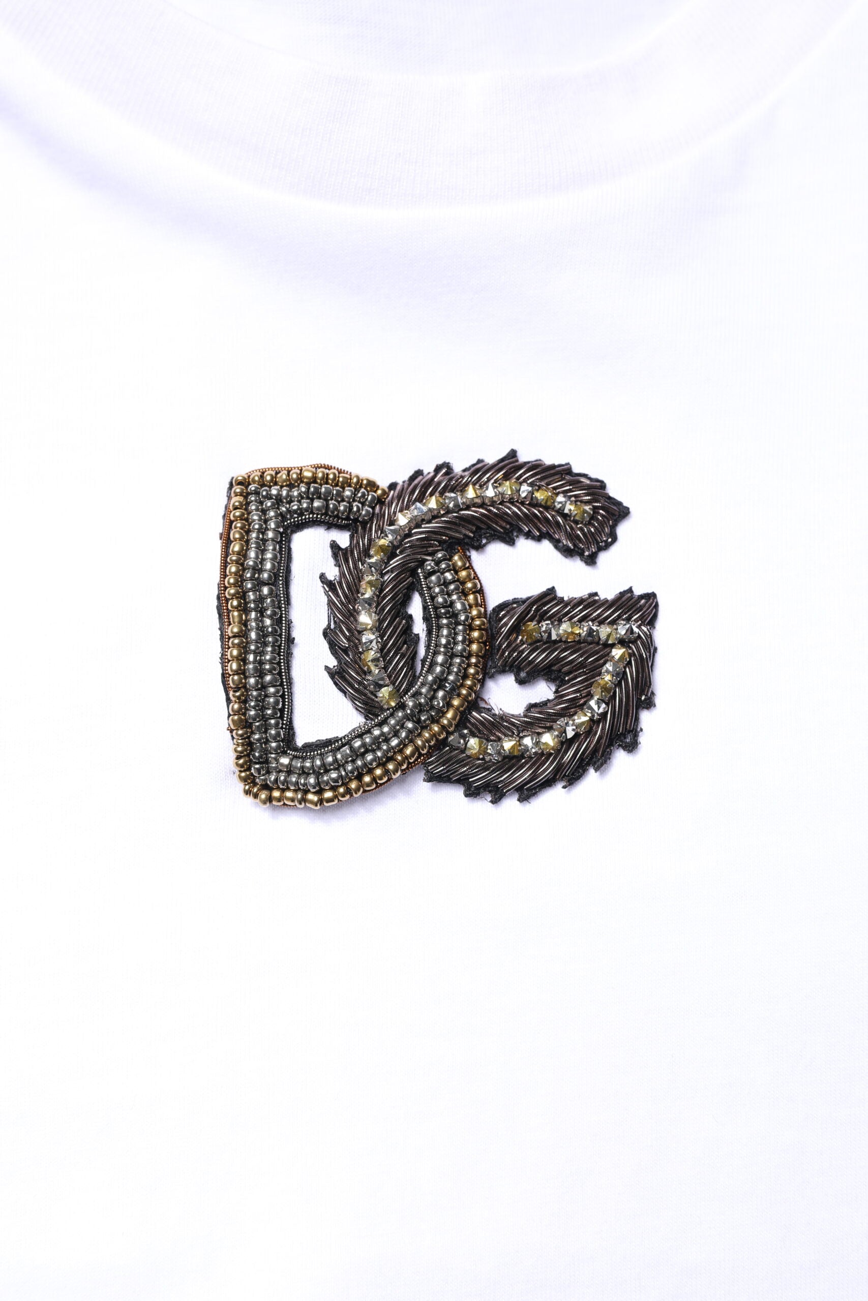 White Cotton DG Embroidery Crew Neck T-shirt