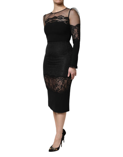 Black Lace Trim Nylon Tulle Sheath Midi Dress
