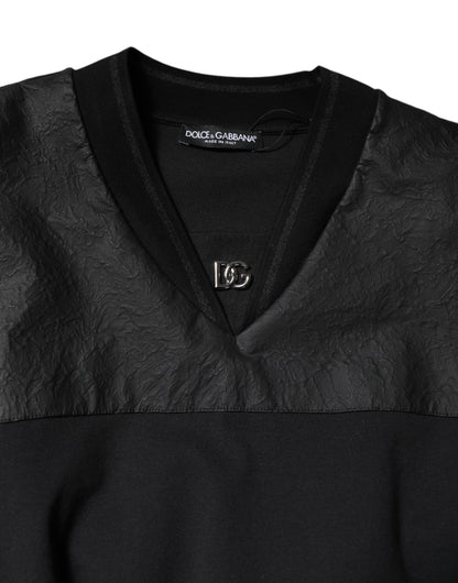 Black Cotton Short Sleeves V-neck T-shirt