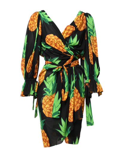 Black Pineapple Print Silk Wrap Mini Dress