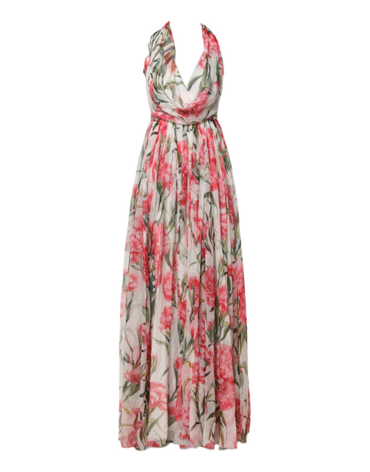 White Floral Silk Halter A-line Maxi Dress