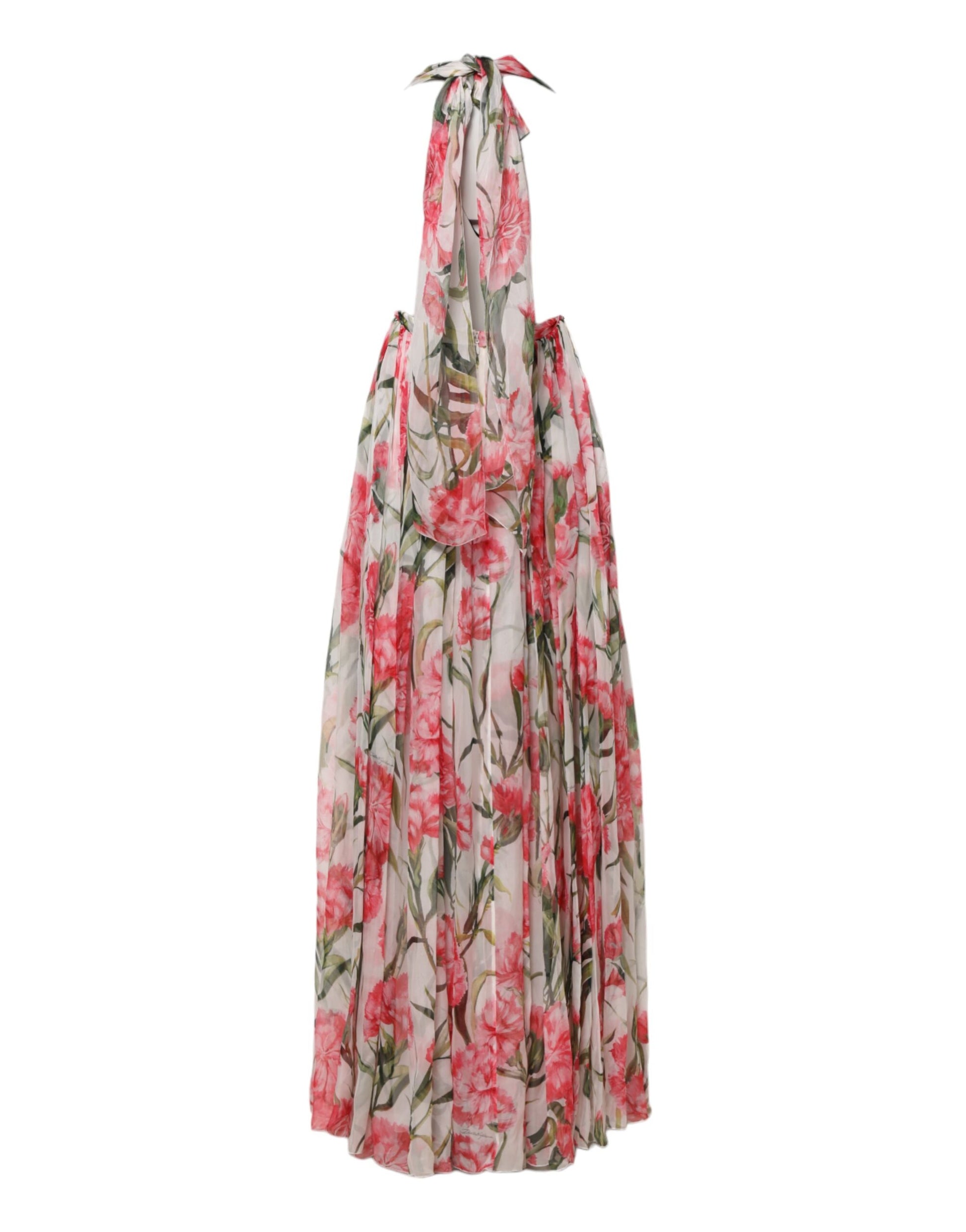 White Floral Silk Halter A-line Maxi Dress