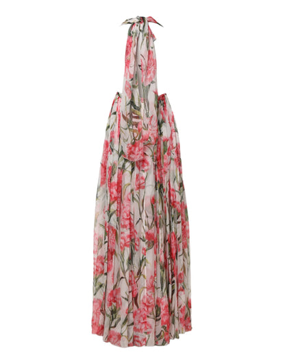 White Floral Silk Halter A-line Maxi Dress