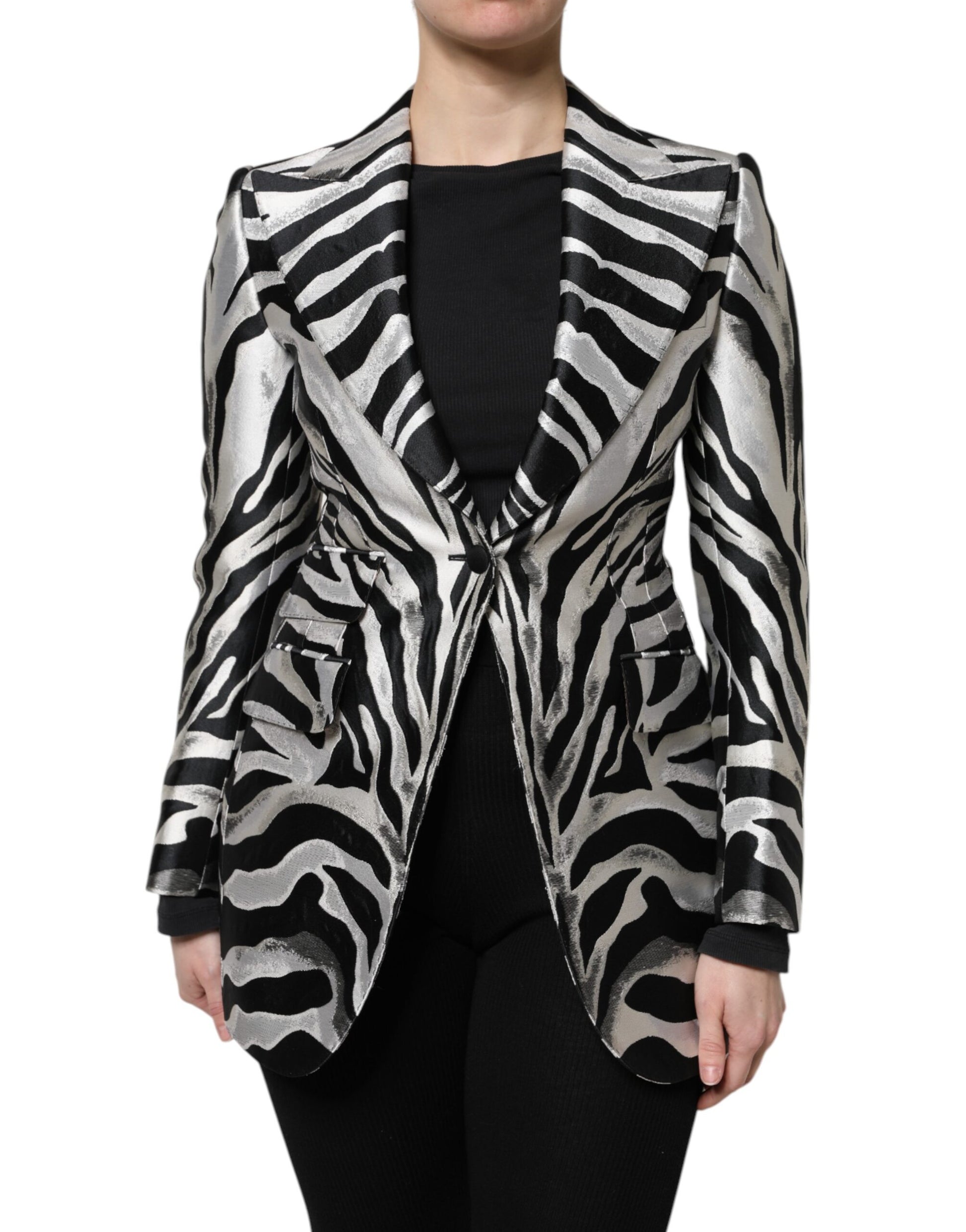 Black White Polyester Women Blazer Jacket