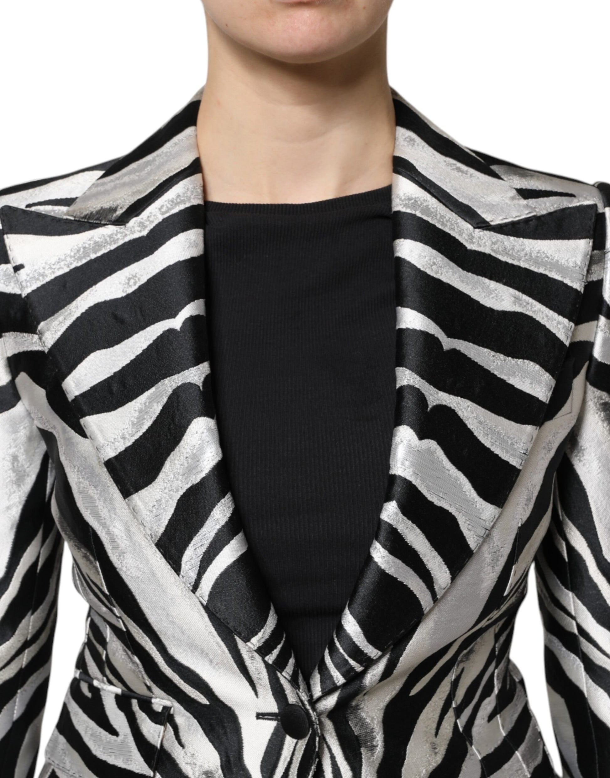 Black White Polyester Women Blazer Jacket