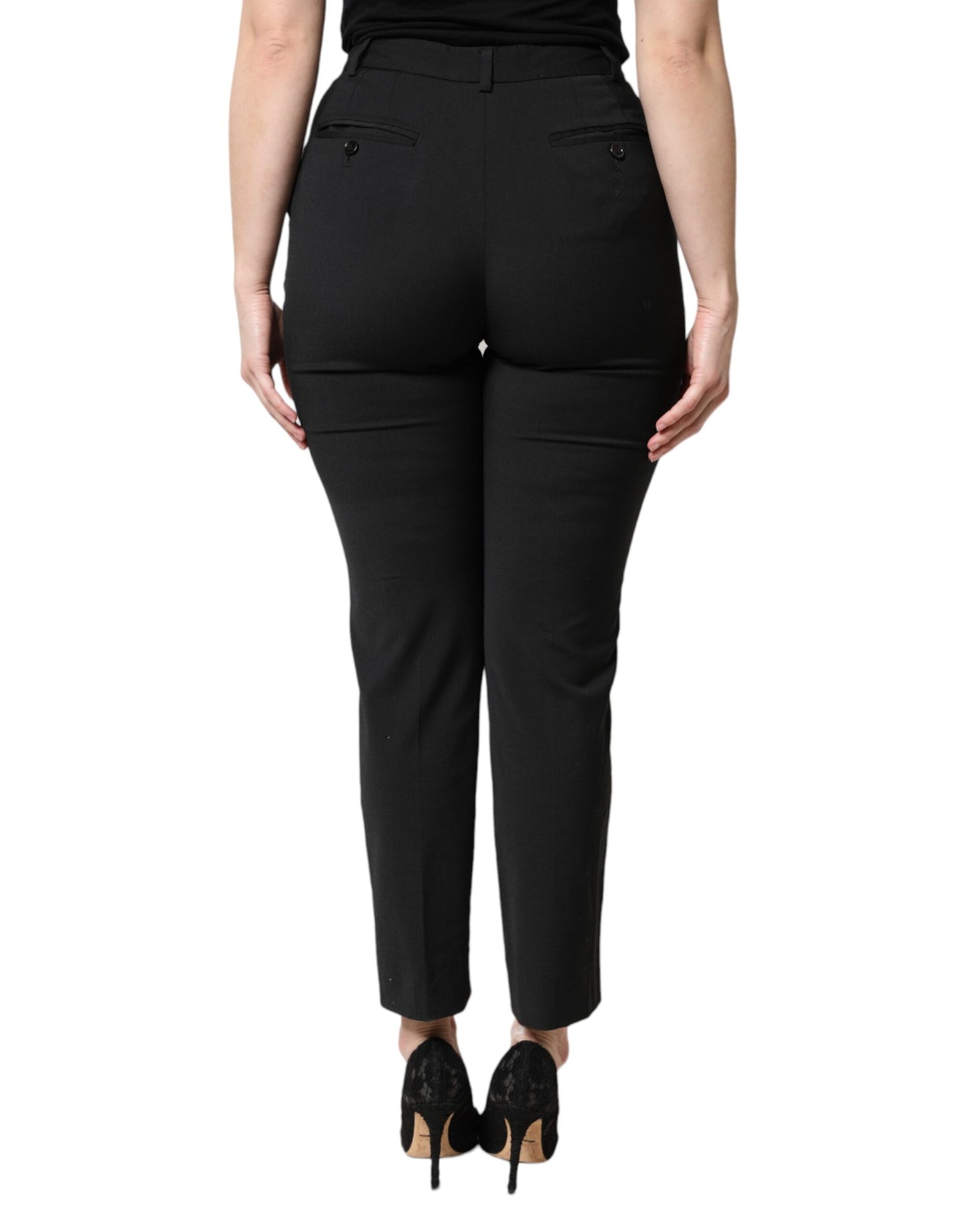 Black Polyester High Waist Slim Pants