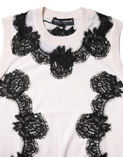 White Cashmere Floral Lace Detailing Tank Top