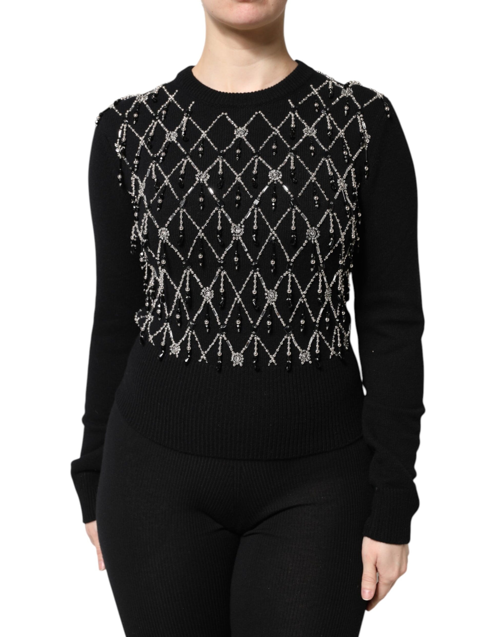 Black Cashmere Embellished Long Sleeves Top