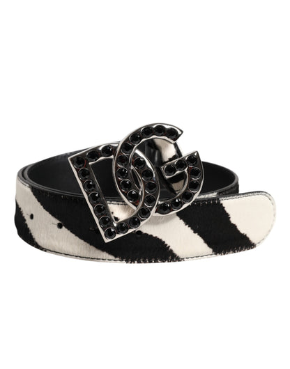 White Black Leather Zebra DG Crystal Buckle Belt