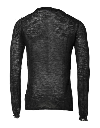 Black Polyester Crew Neck Pullover Sweater