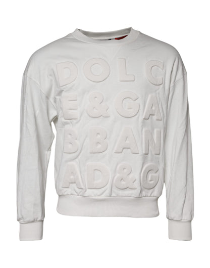 White Embossed Logo Cotton Crew Neck Sweater