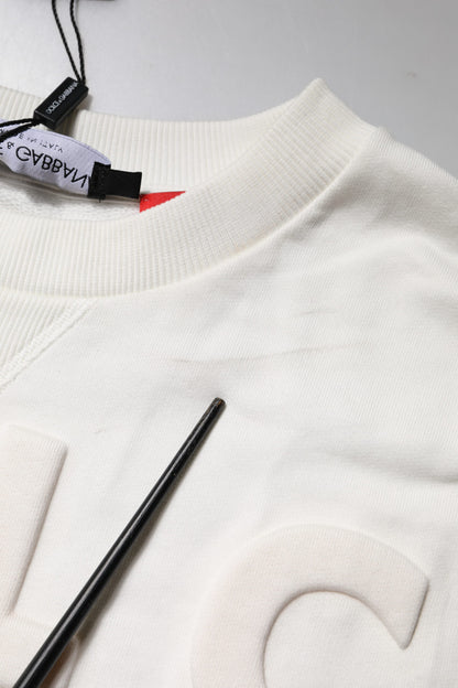 White Embossed Logo Cotton Crew Neck Sweater