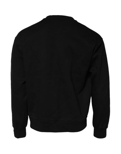 Black Embossed Logo Cotton Crew Neck Sweater