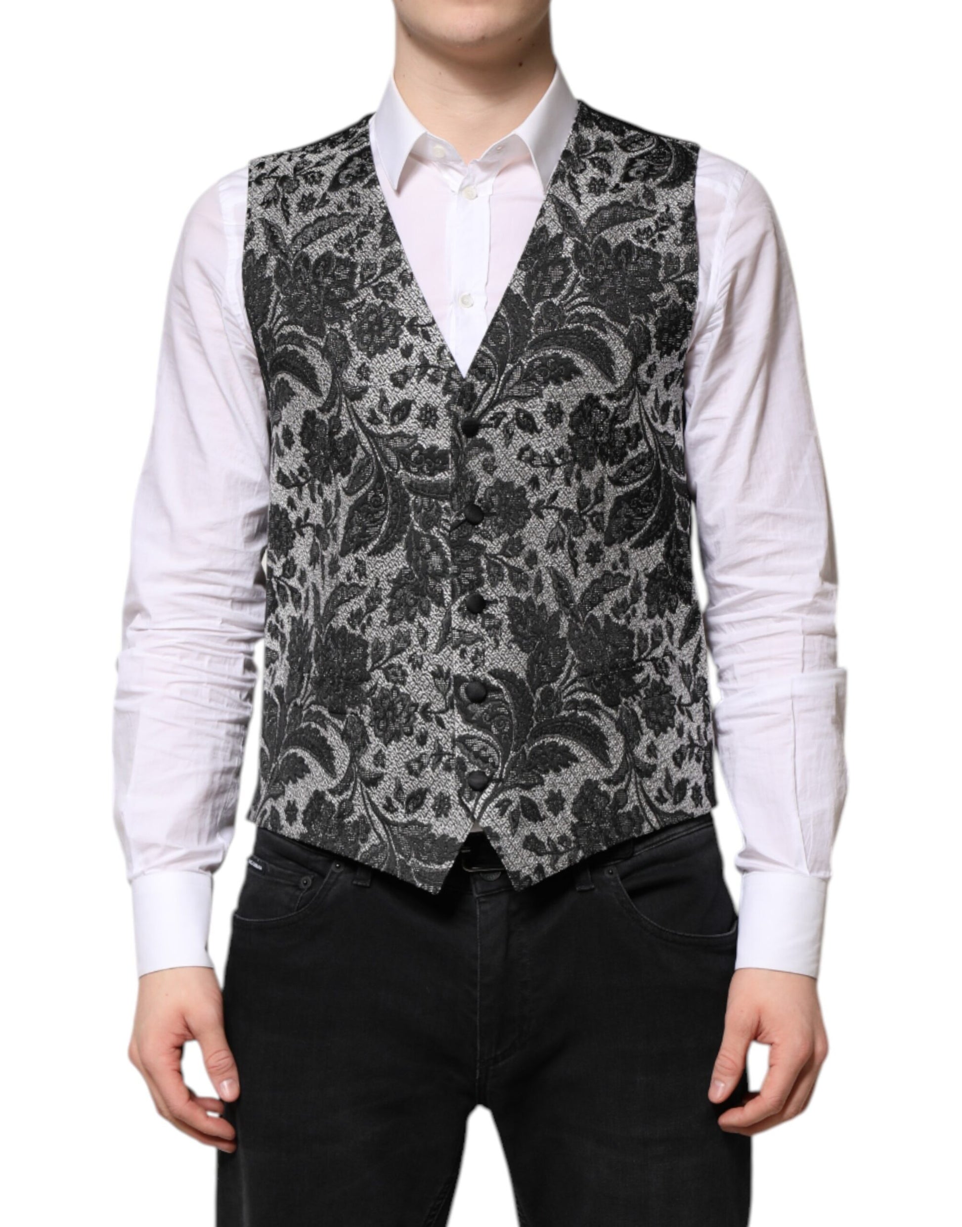 Black Gray Brocade Formal Men Waistcoat Vest