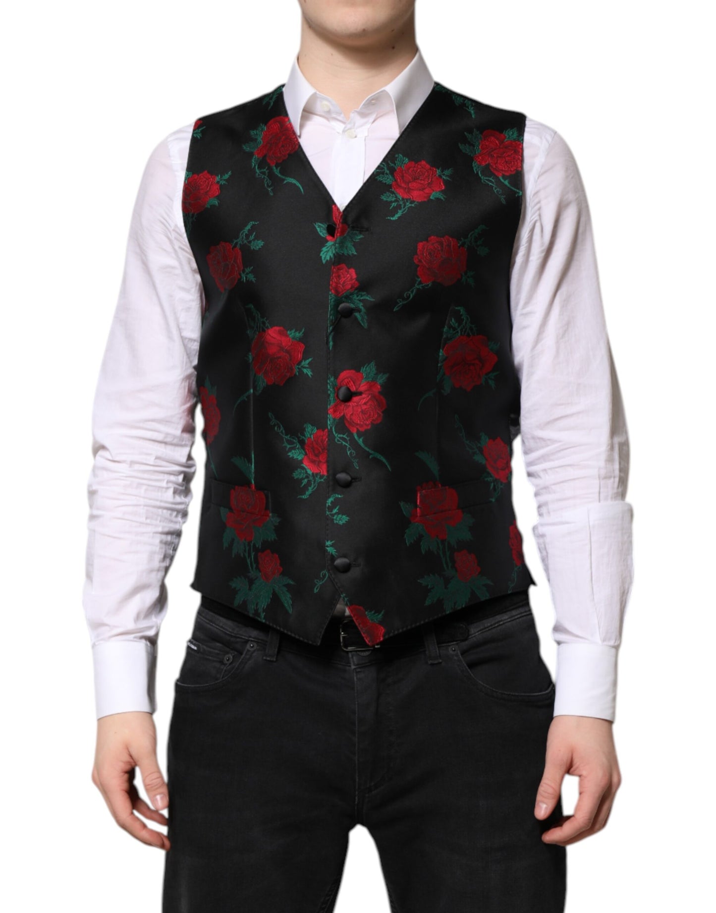 Red Floral Brocade Formal Men Waistcoat Vest