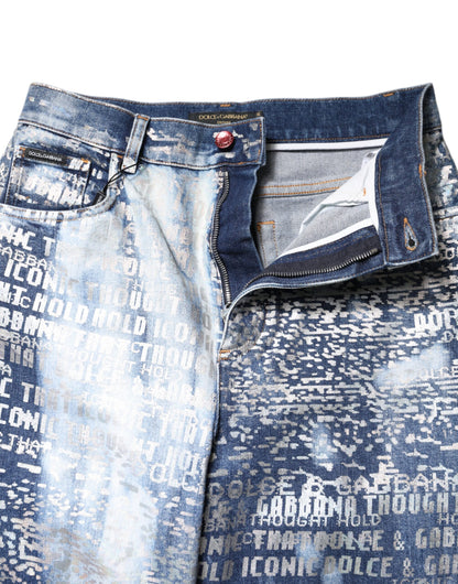 Blue Washed Print High Waist Denim Jeans