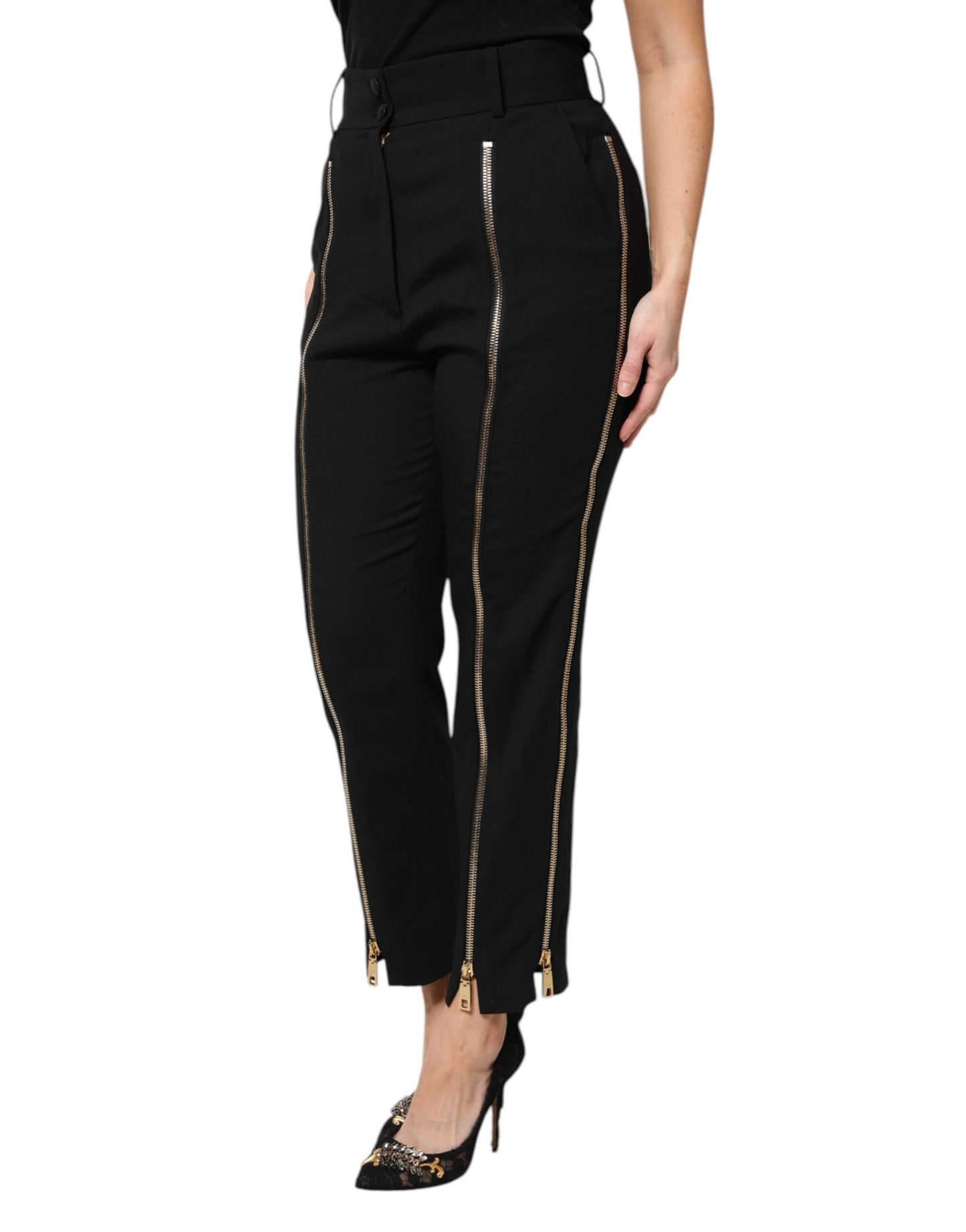 Black Wool High Waist Zipper Tapered Pants