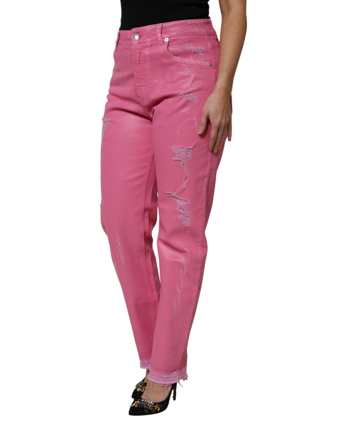 Pink Tattered Mid Waist Tapered Denim Jeans