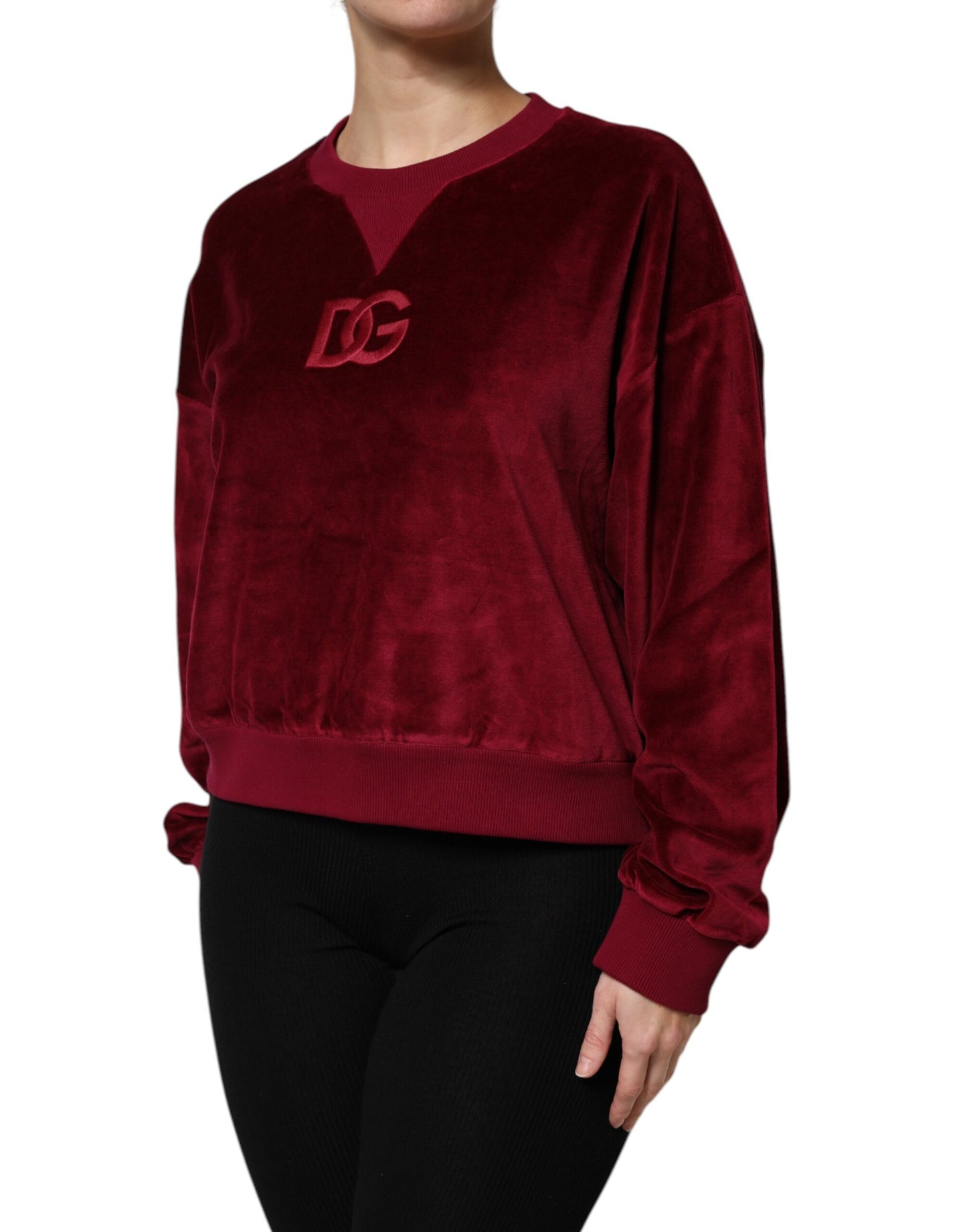 Red Cotton Velvet Crew Neck Pullover Sweater