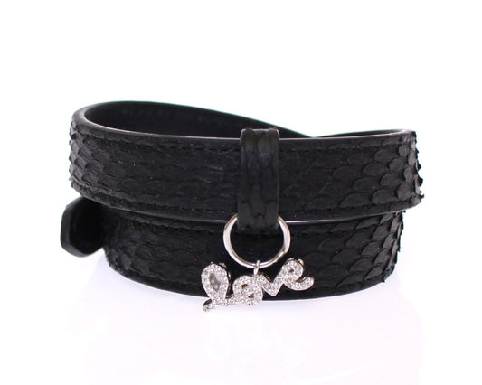 Exquisita pulsera de piel de serpiente negra y plata