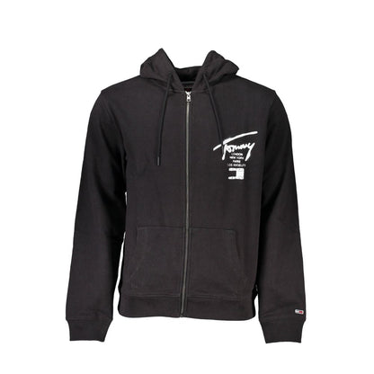 Black Cotton Men Sweater with Hood and Zip Pockets