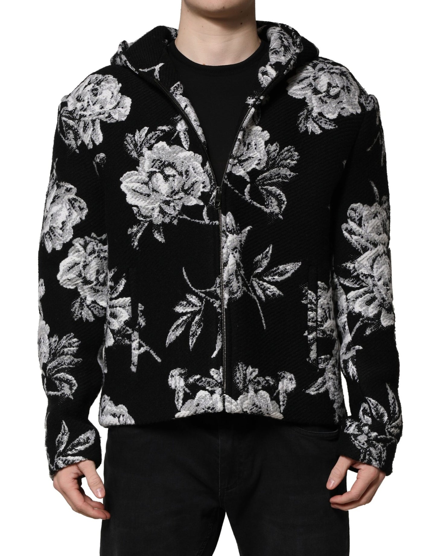 Black Wool Floral Printed Men Hooded Jacket