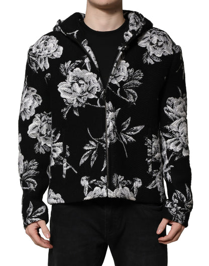 Black Wool Floral Printed Men Hooded Jacket