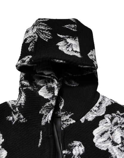 Black Wool Floral Printed Men Hooded Jacket