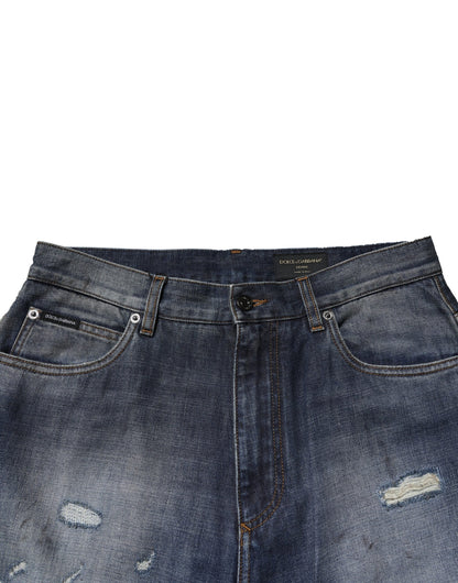 Blue Washed Tattered Cotton Men Jeans