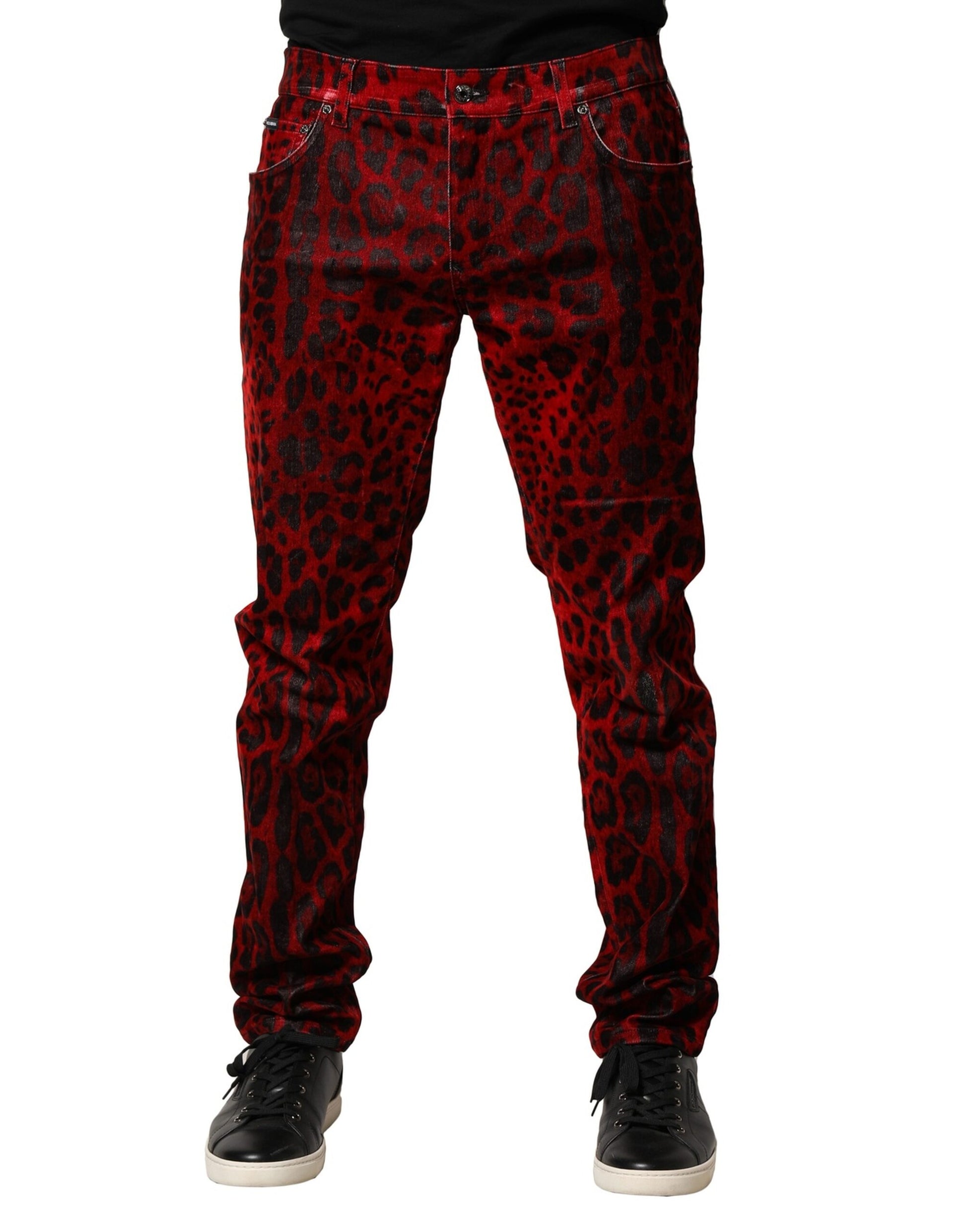 Red Leopard Print Cotton Skinny Denim Jeans