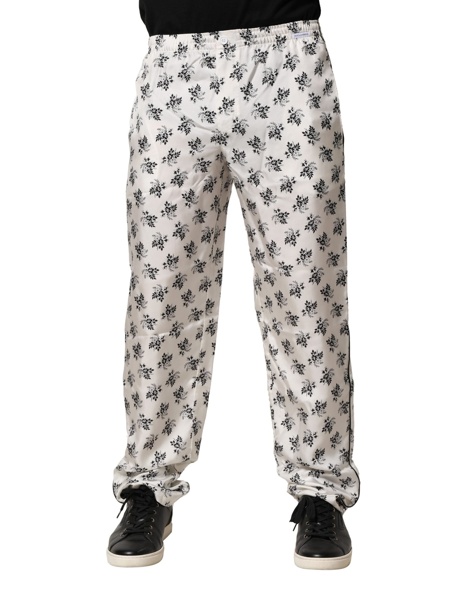 White Floral Silk Casual Lounge Pants
