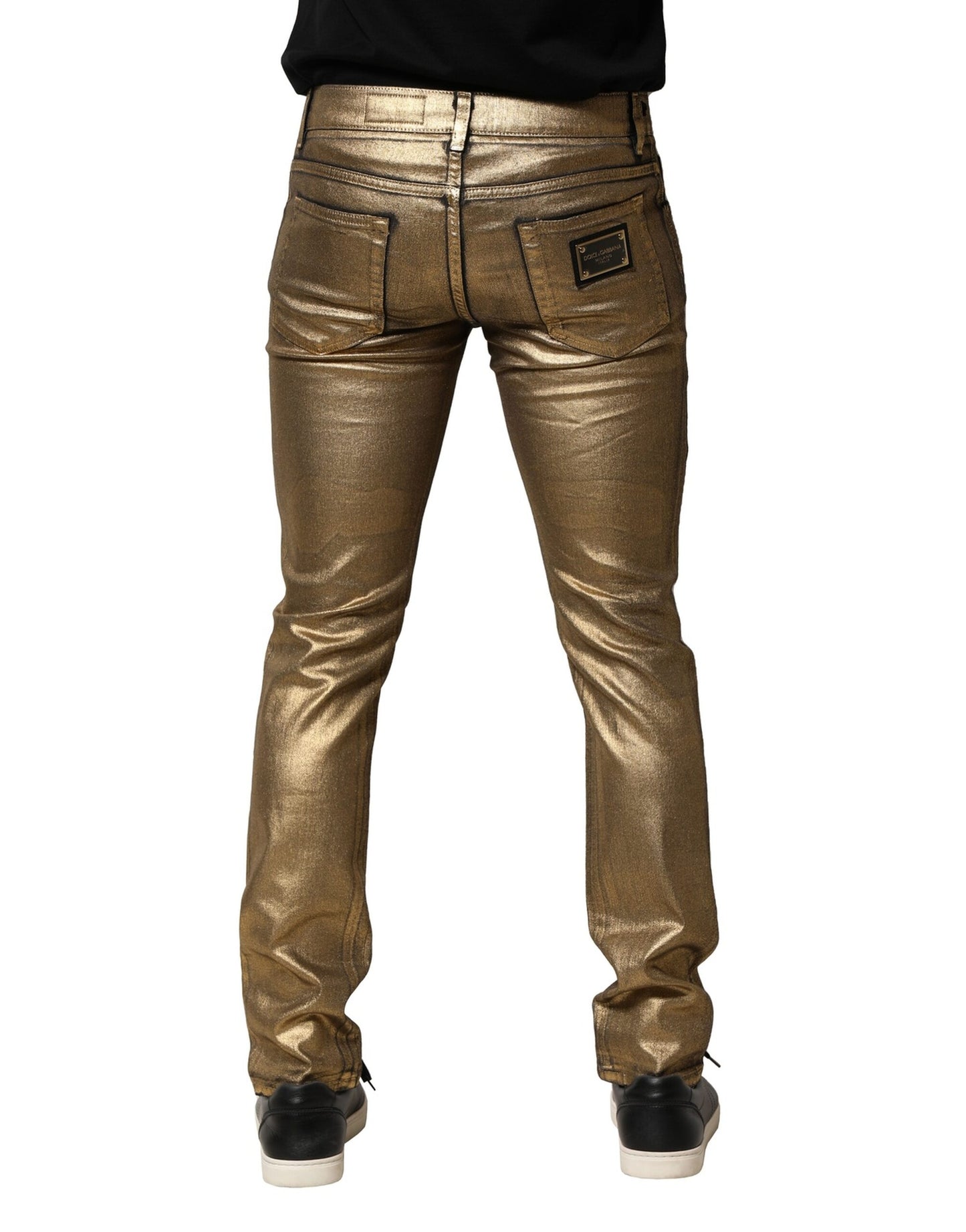 Gold Tattered Cotton Stretch Slim Denim Jeans