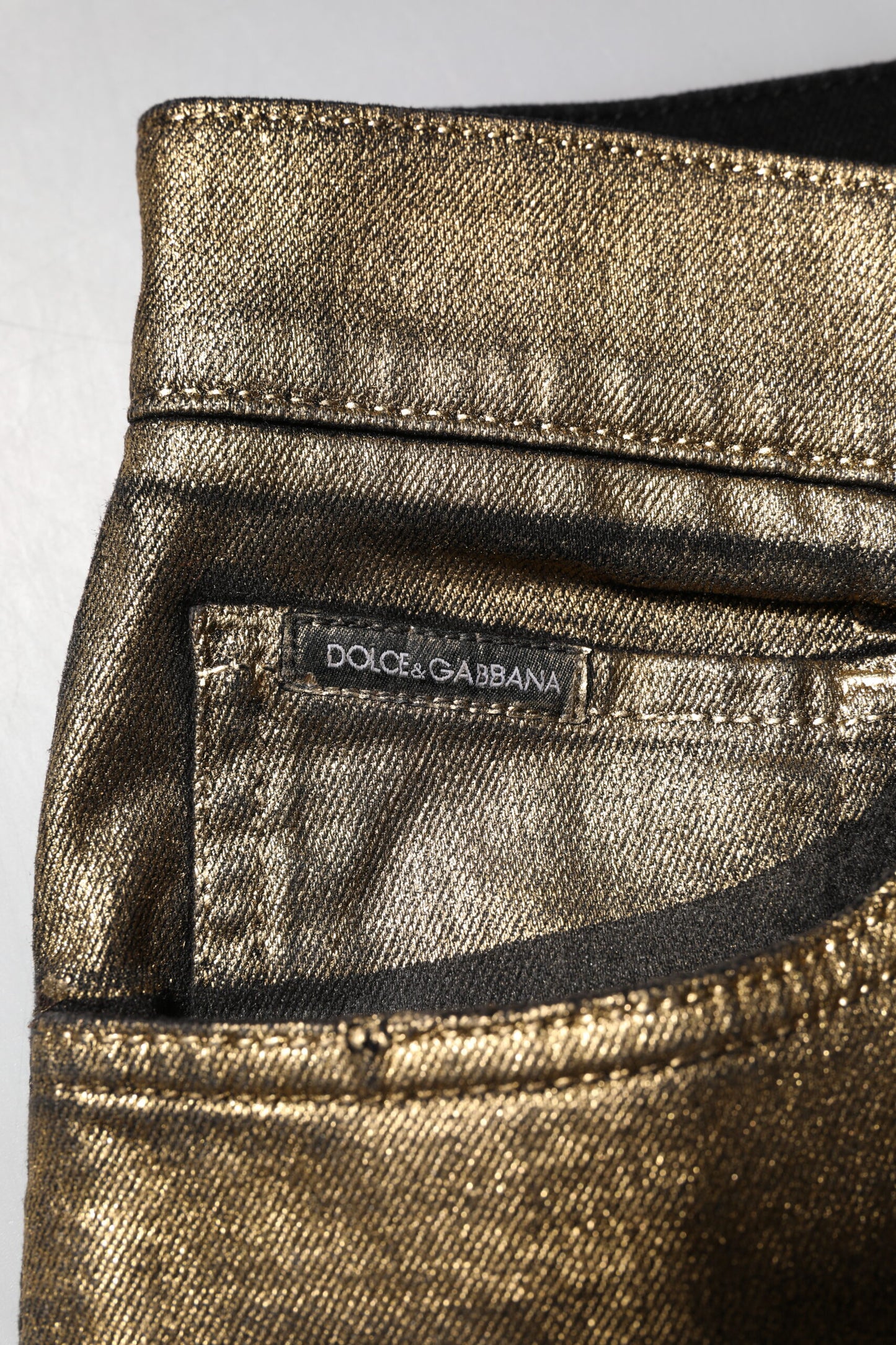Gold Tattered Cotton Stretch Slim Denim Jeans