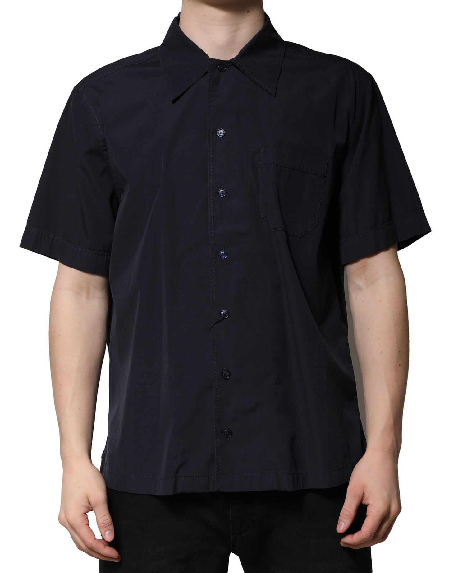 Dark Blue Cotton Short Sleeves Casual Shirt