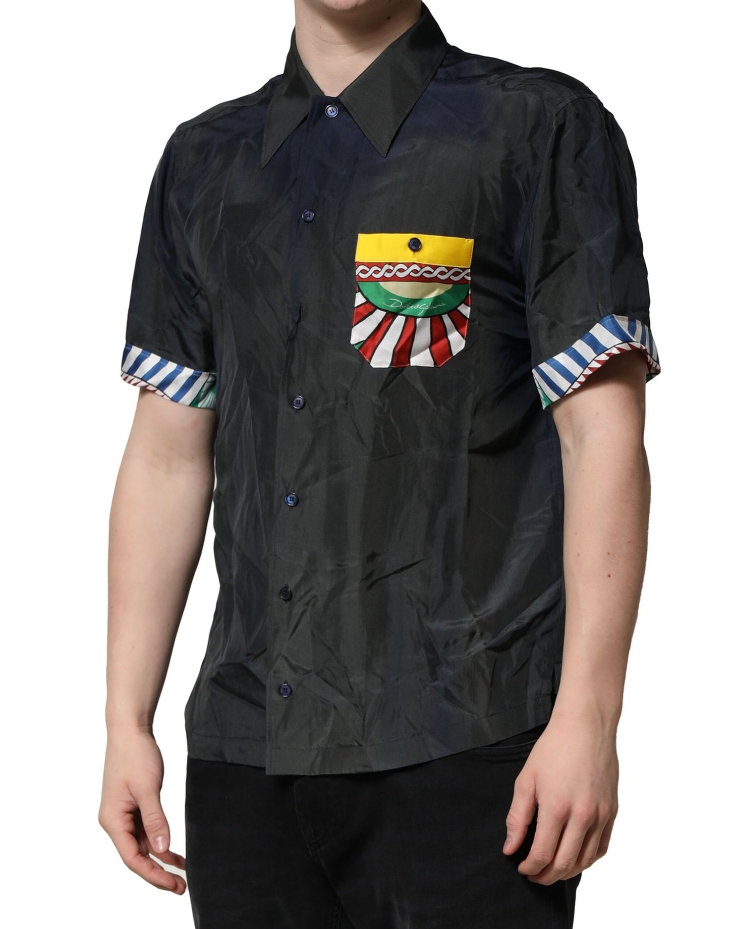 Black Silk Short Sleeves Men Casual Shirt