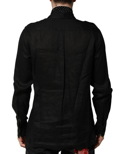 Black Polka Dot Collar Tie Neck Casual Shirt