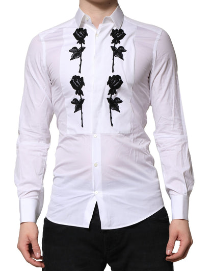White Floral Embroidery Men GOLD Formal Shirt
